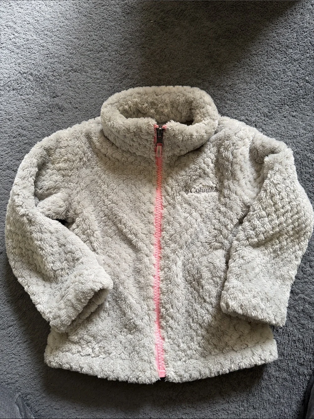 Columbia Kids Light Grey Plush Jacket with Pink Zipper